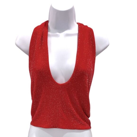 Bar lll Holiday Party Cherry On Top Red With Metallic Silver Stitch Halter Top - Picture 12 of 14